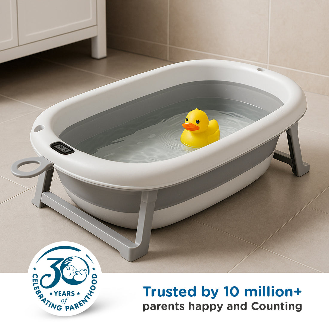 Mee Mee Baby Bath Tub with Digital Temperature Display | Foldable BPA-Free Infant Tub with Anti-Skid Base, Insulated Walls & Drain Plug | Included Components: Tub, Drain Plug | 0–5 Years (Up to 20 kg)(Grey)
