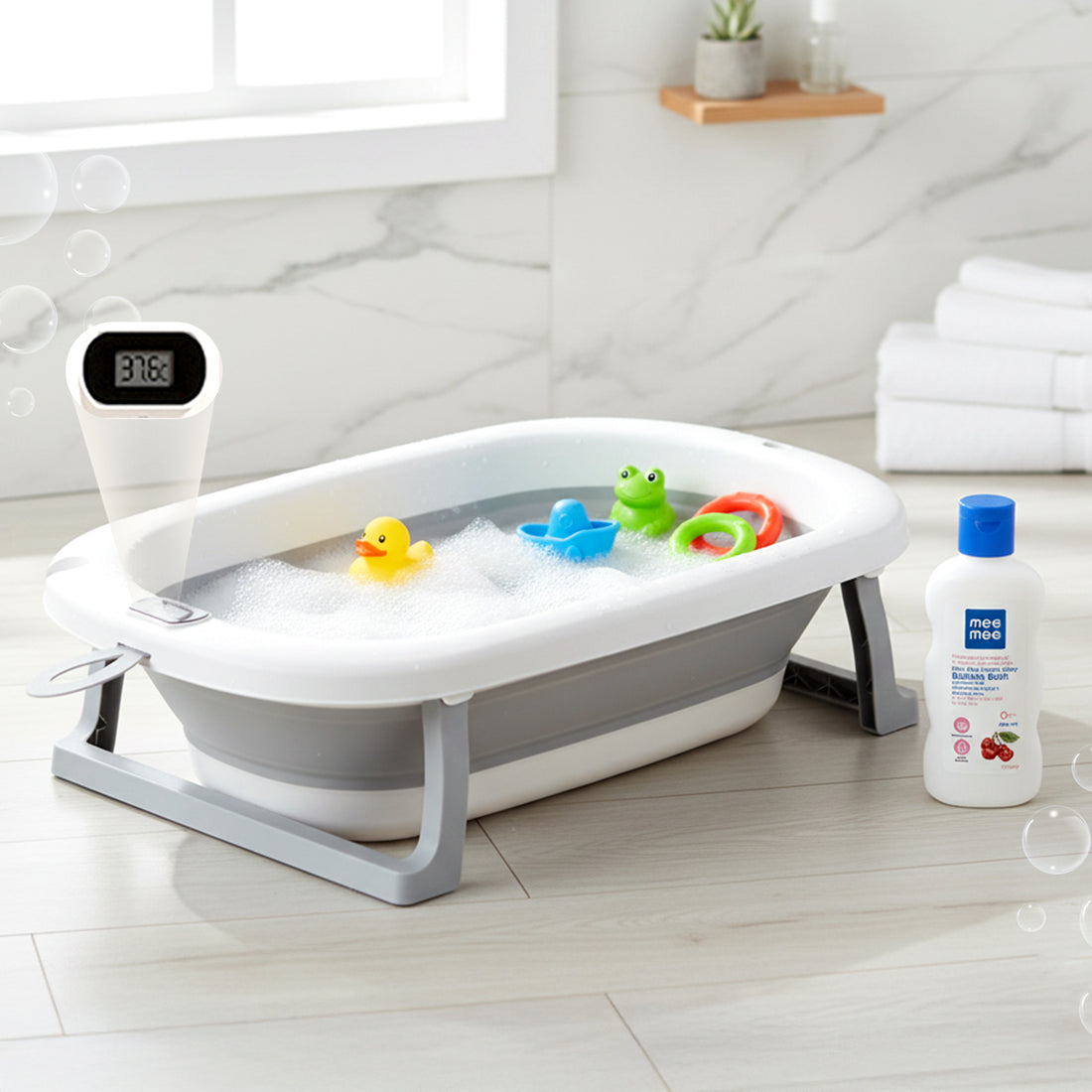 Mee Mee Baby Bath Tub with Digital Temperature Display | Foldable BPA-Free Infant Tub with Anti-Skid Base, Insulated Walls & Drain Plug | Included Components: Tub, Drain Plug | 0–5 Years (Up to 20 kg)(Grey)