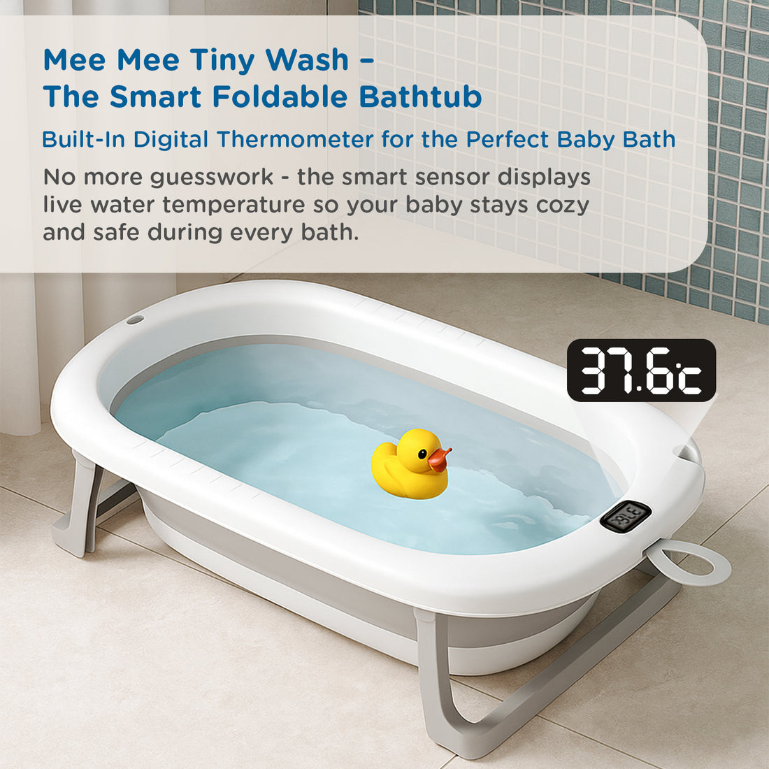 Mee Mee Baby Bath Tub with Digital Temperature Display | Foldable BPA-Free Infant Tub with Anti-Skid Base, Insulated Walls & Drain Plug | Included Components: Tub, Drain Plug | 0–5 Years (Up to 20 kg)(Grey)