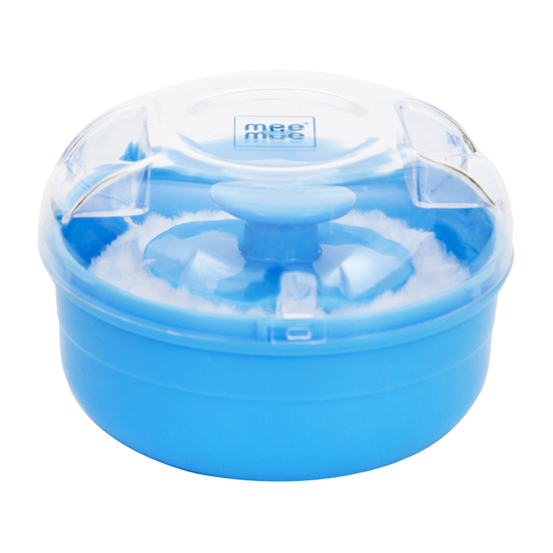 Mee Mee Soft Feel Powder Puff with Box Holder | Material: BPA-Free Plastic & Soft Cotton Puff | Key Ingredients (for powder use): Talc Compatibility Safe | Portable Baby Grooming Case (Blue)
