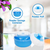 Mee Mee Soft Feel Powder Puff with Box Holder | Material: BPA-Free Plastic & Soft Cotton Puff | Key Ingredients (for powder use): Talc Compatibility Safe | Portable Baby Grooming Case (Blue)