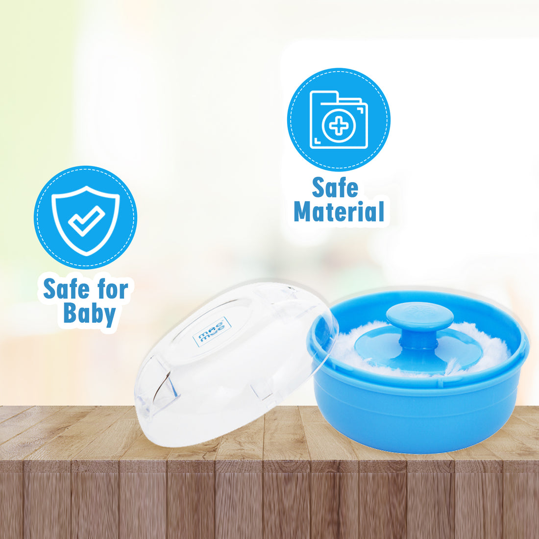 Mee Mee Soft Feel Powder Puff with Box Holder | Material: BPA-Free Plastic & Soft Cotton Puff | Key Ingredients (for powder use): Talc Compatibility Safe | Portable Baby Grooming Case (Blue)