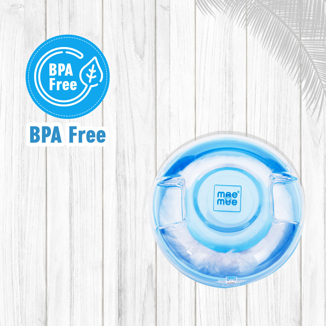 Mee Mee Soft Feel Powder Puff with Box Holder | Material: BPA-Free Plastic & Soft Cotton Puff | Key Ingredients (for powder use): Talc Compatibility Safe | Portable Baby Grooming Case (Blue)