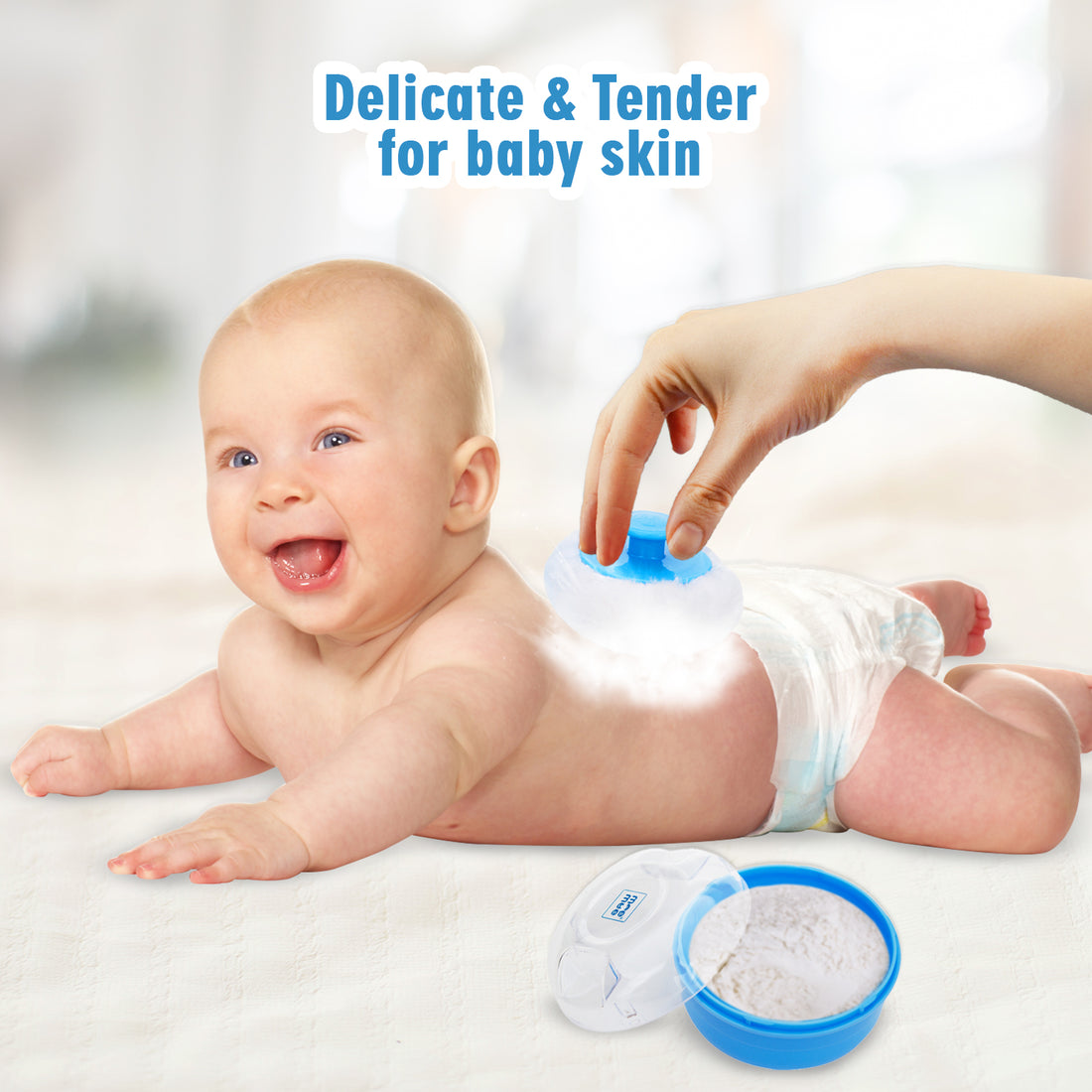 Mee Mee Soft Feel Powder Puff with Box Holder | Material: BPA-Free Plastic & Soft Cotton Puff | Key Ingredients (for powder use): Talc Compatibility Safe | Portable Baby Grooming Case (Blue)