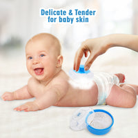 Mee Mee Soft Feel Powder Puff with Box Holder | Material: BPA-Free Plastic & Soft Cotton Puff | Key Ingredients (for powder use): Talc Compatibility Safe | Portable Baby Grooming Case (Blue)