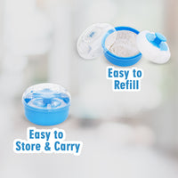 Mee Mee Soft Feel Powder Puff with Box Holder | Material: BPA-Free Plastic & Soft Cotton Puff | Key Ingredients (for powder use): Talc Compatibility Safe | Portable Baby Grooming Case (Blue)