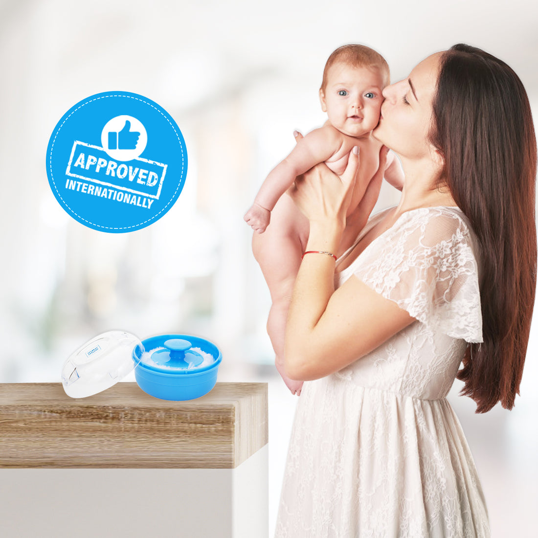 Mee Mee Soft Feel Powder Puff with Box Holder | Material: BPA-Free Plastic & Soft Cotton Puff | Key Ingredients (for powder use): Talc Compatibility Safe | Portable Baby Grooming Case (Blue)