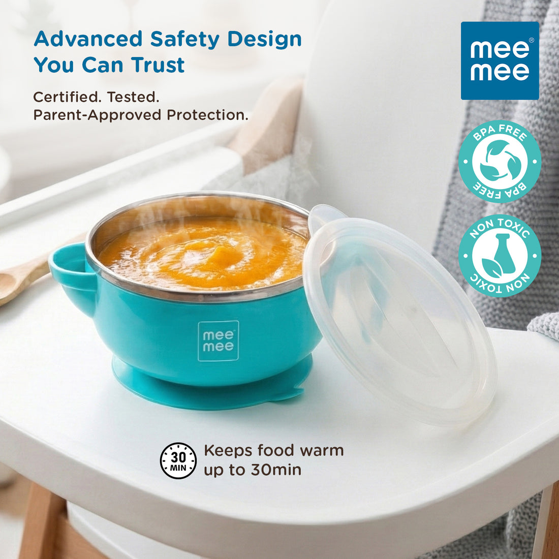 Mee Mee Temperature Control Feeding Bowl with Lid | Silicone Suction Base | Keeps Food Warm 30 Min | Stainless Steel Inner Bowl | BPA-Free | 6+ Months | Airtight Lid | Travel-Friendly