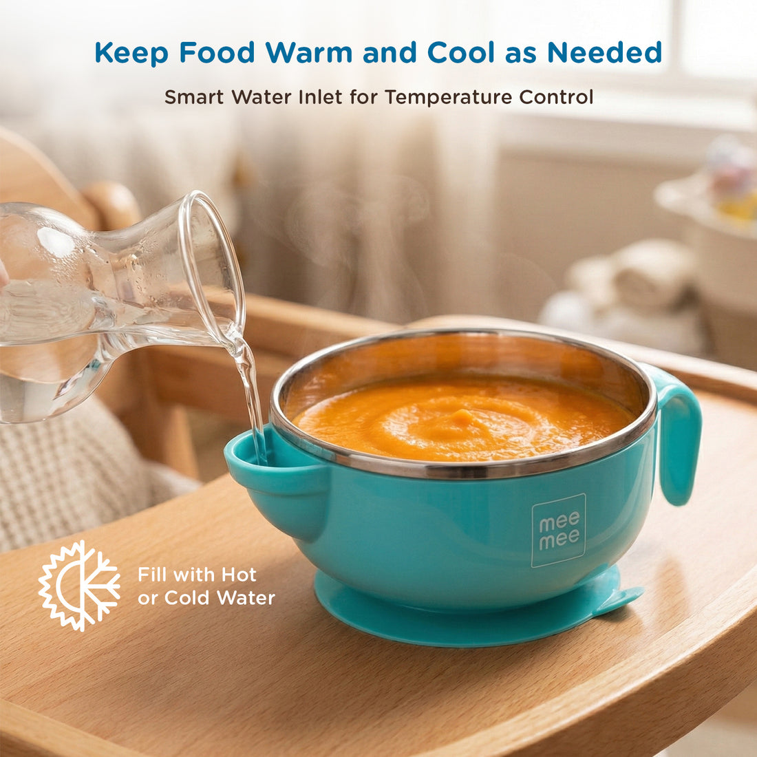 Mee Mee Temperature Control Feeding Bowl with Lid | Silicone Suction Base | Keeps Food Warm 30 Min | Stainless Steel Inner Bowl | BPA-Free | 6+ Months | Airtight Lid | Travel-Friendly