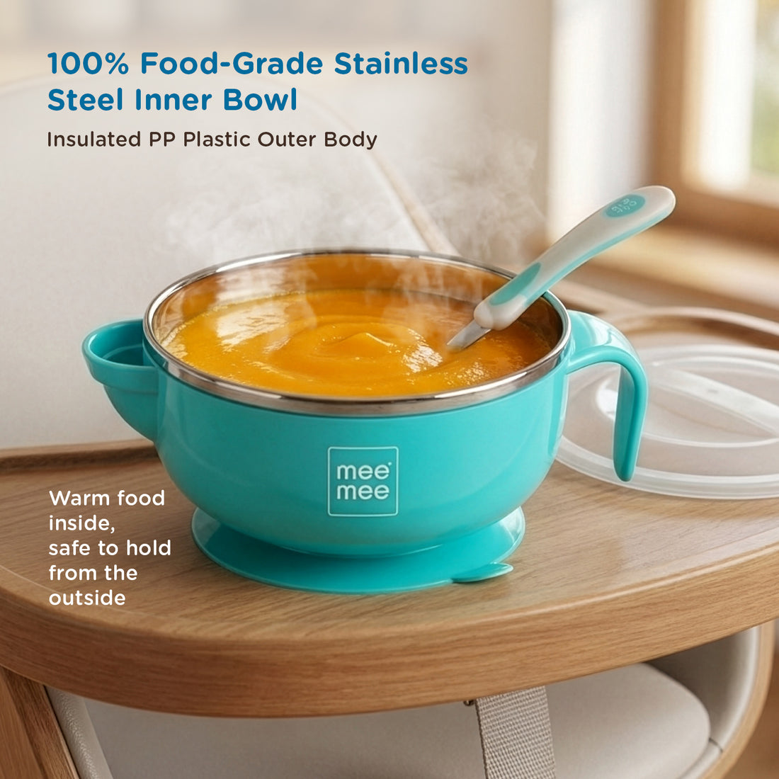 Mee Mee Temperature Control Feeding Bowl with Lid | Silicone Suction Base | Keeps Food Warm 30 Min | Stainless Steel Inner Bowl | BPA-Free | 6+ Months | Airtight Lid | Travel-Friendly