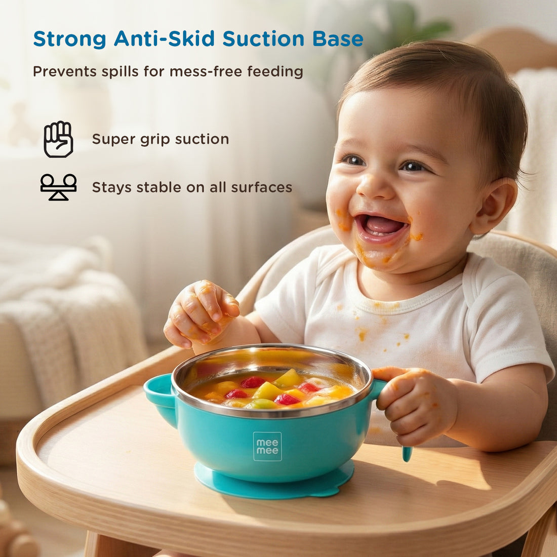 Mee Mee Temperature Control Feeding Bowl with Lid | Silicone Suction Base | Keeps Food Warm 30 Min | Stainless Steel Inner Bowl | BPA-Free | 6+ Months | Airtight Lid | Travel-Friendly
