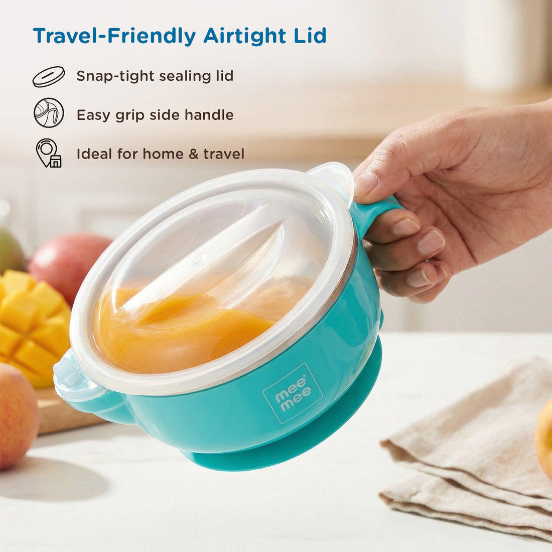 Mee Mee Temperature Control Feeding Bowl with Lid | Silicone Suction Base | Keeps Food Warm 30 Min | Stainless Steel Inner Bowl | BPA-Free | 6+ Months | Airtight Lid | Travel-Friendly