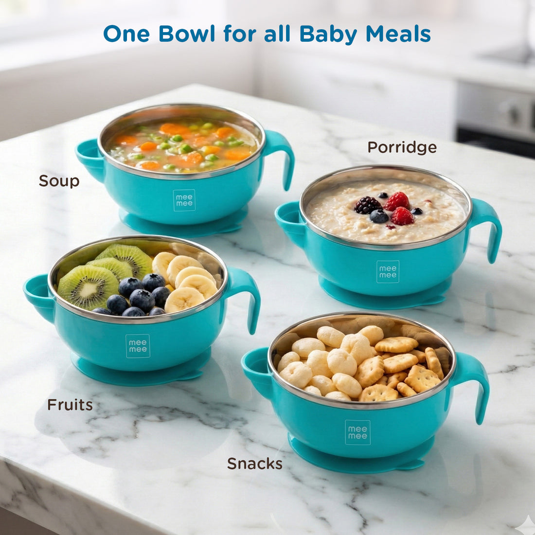 Mee Mee Temperature Control Feeding Bowl with Lid | Silicone Suction Base | Keeps Food Warm 30 Min | Stainless Steel Inner Bowl | BPA-Free | 6+ Months | Airtight Lid | Travel-Friendly