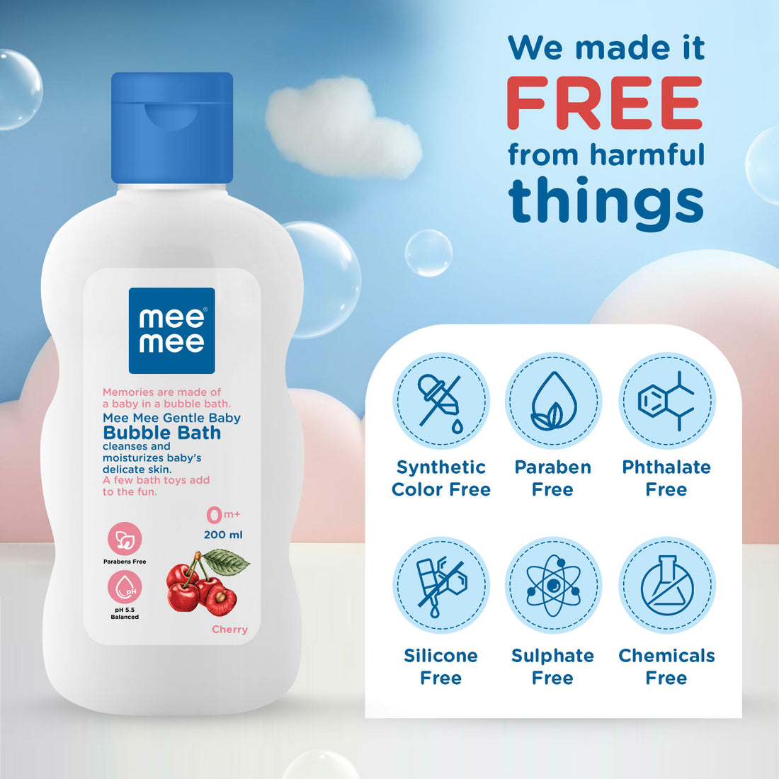 Mee Mee Foamy Baby Mild Bubble Bath 200 ml | Cherry & Fruit Extracts | Tear-Free Formula | Gentle on Skin | Moisturizes & Soothes | Head-to-Toe Baby Wash | Dermatologically Tested