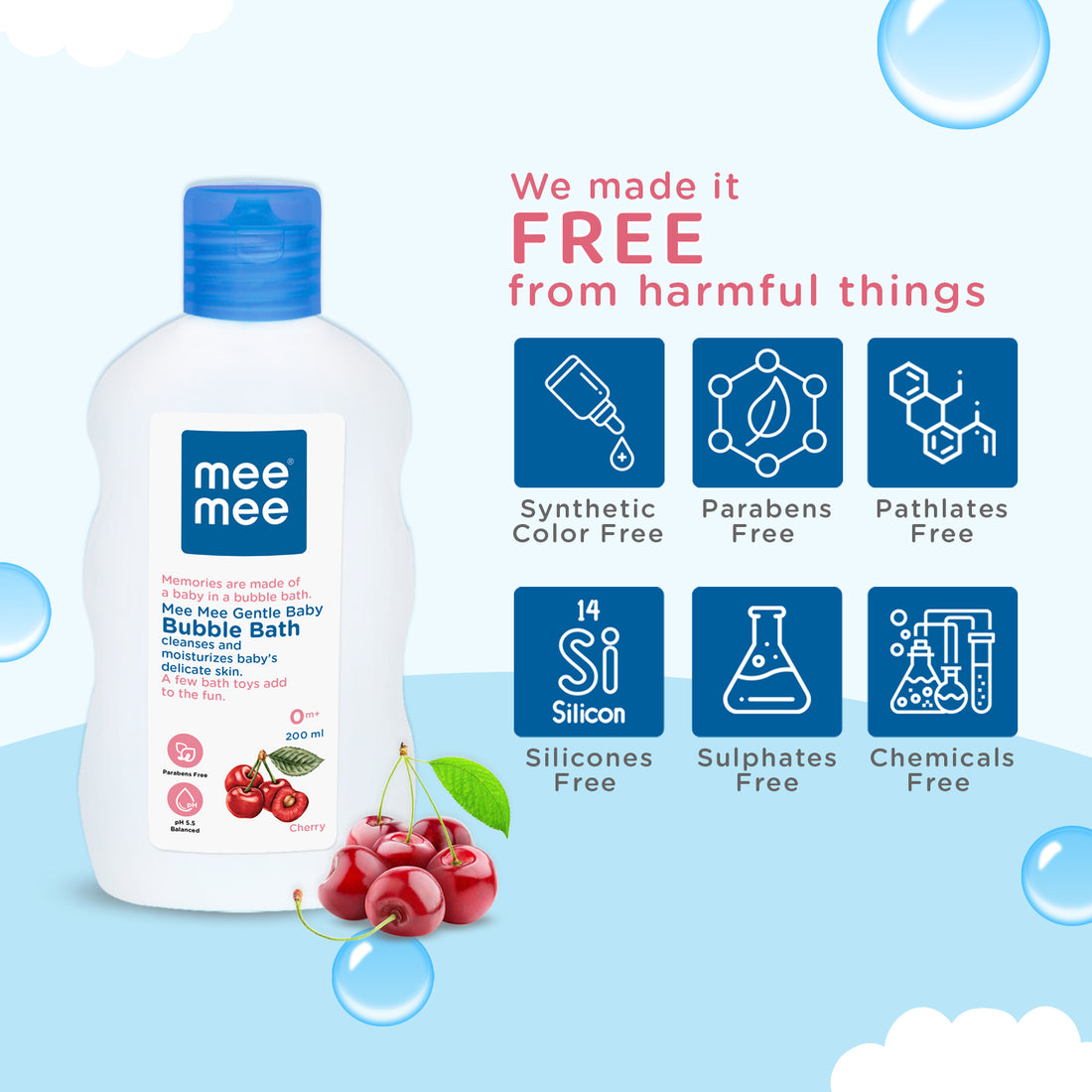 Mee Mee Baby Body Wash 200ml with Cherry & Fruit Extracts | Tear-Free, Mild & Moisturizing | Paraben-Free, Dermatologically Tested, pH Balanced | Gentle Head-to-Toe Bubble Bath for All Skin Types