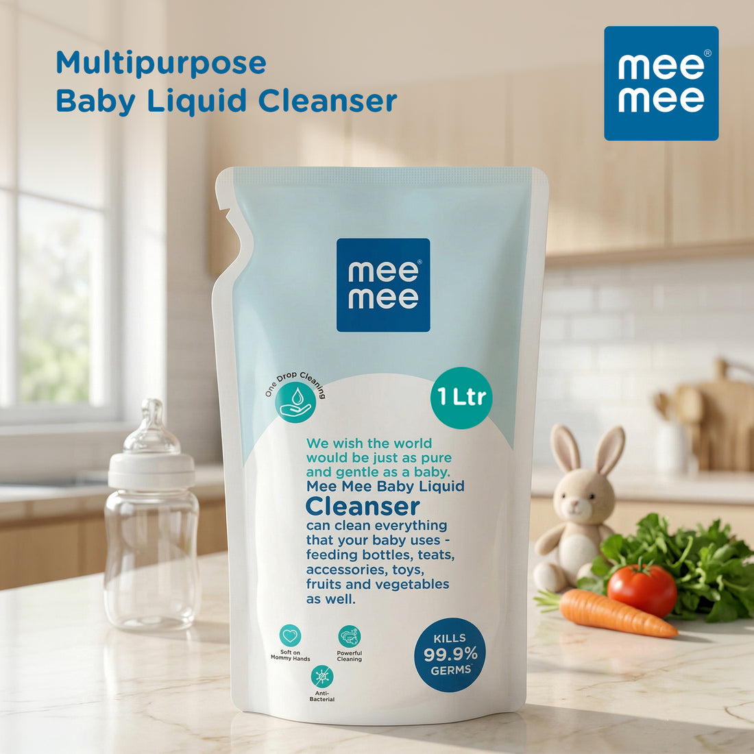 Mee Mee Baby Liquid Cleanser 1 L, Anti-Bacterial Kills 99.9% Germs | for Feeding Bottles, Nipples, Accessories, Toys, Fruits & Vegetables | No Alcohol, One Drop Cleaning, Dermatologically Tested