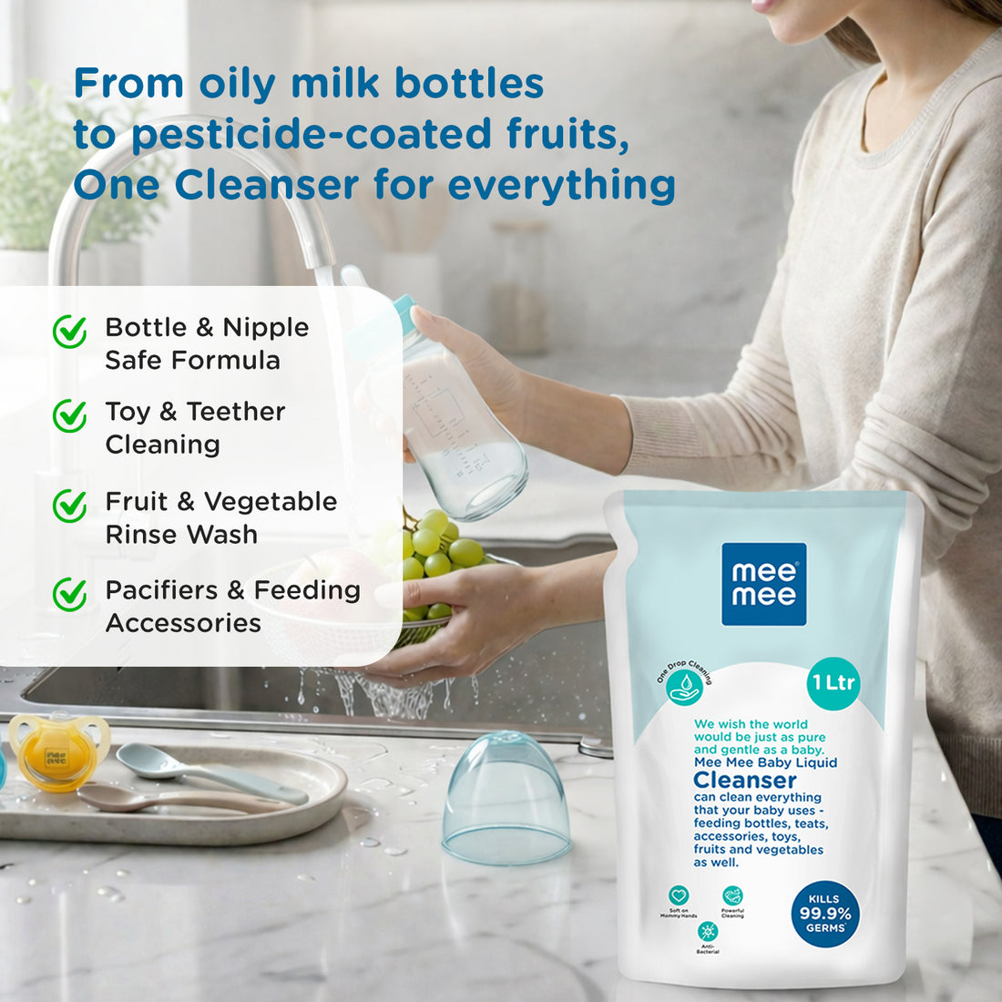 Mee Mee Baby Liquid Cleanser 1 L, Anti-Bacterial Kills 99.9% Germs | for Feeding Bottles, Nipples, Accessories, Toys, Fruits & Vegetables | No Alcohol, One Drop Cleaning, Dermatologically Tested