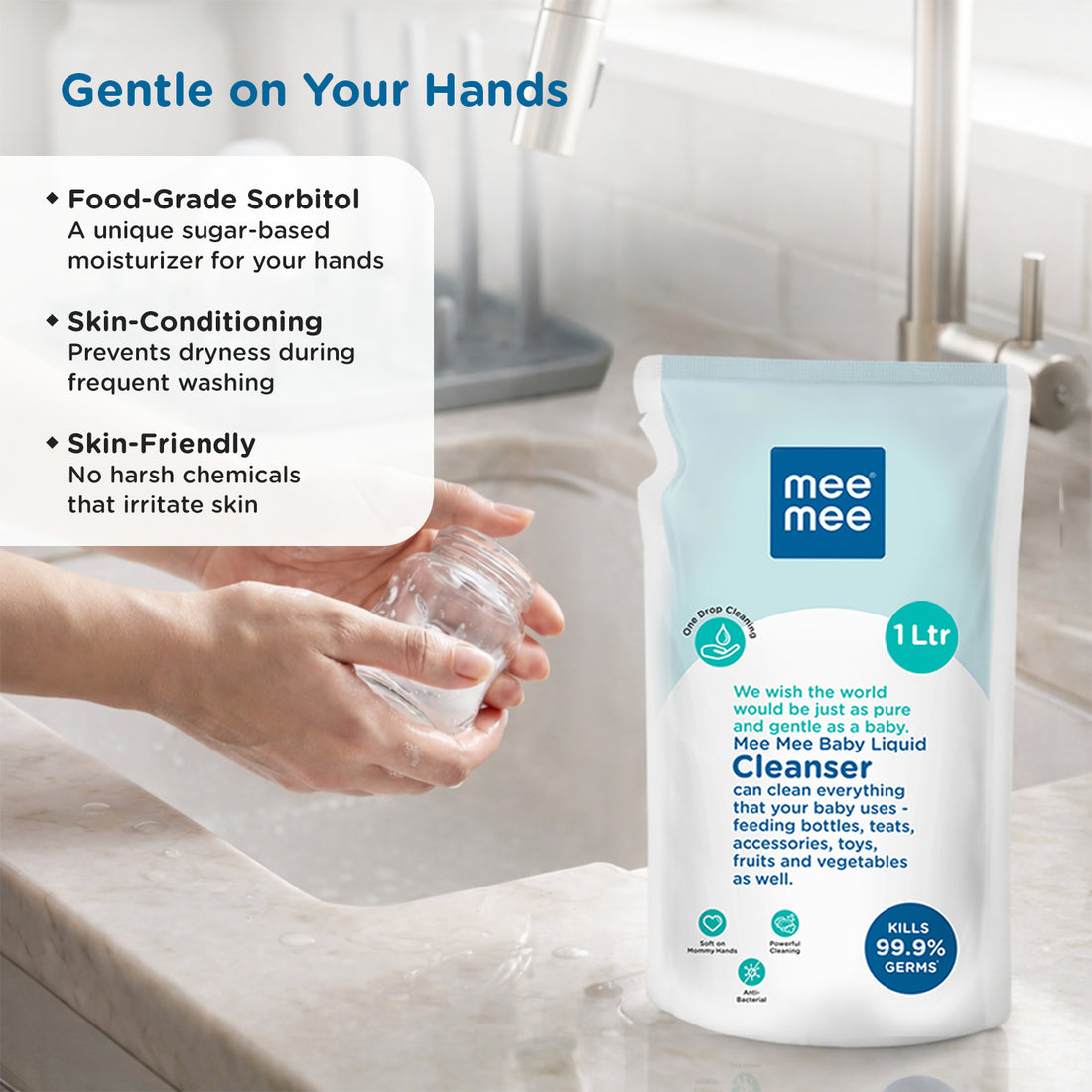 Mee Mee Baby Liquid Cleanser 1 L, Anti-Bacterial Kills 99.9% Germs | for Feeding Bottles, Nipples, Accessories, Toys, Fruits & Vegetables | No Alcohol, One Drop Cleaning, Dermatologically Tested