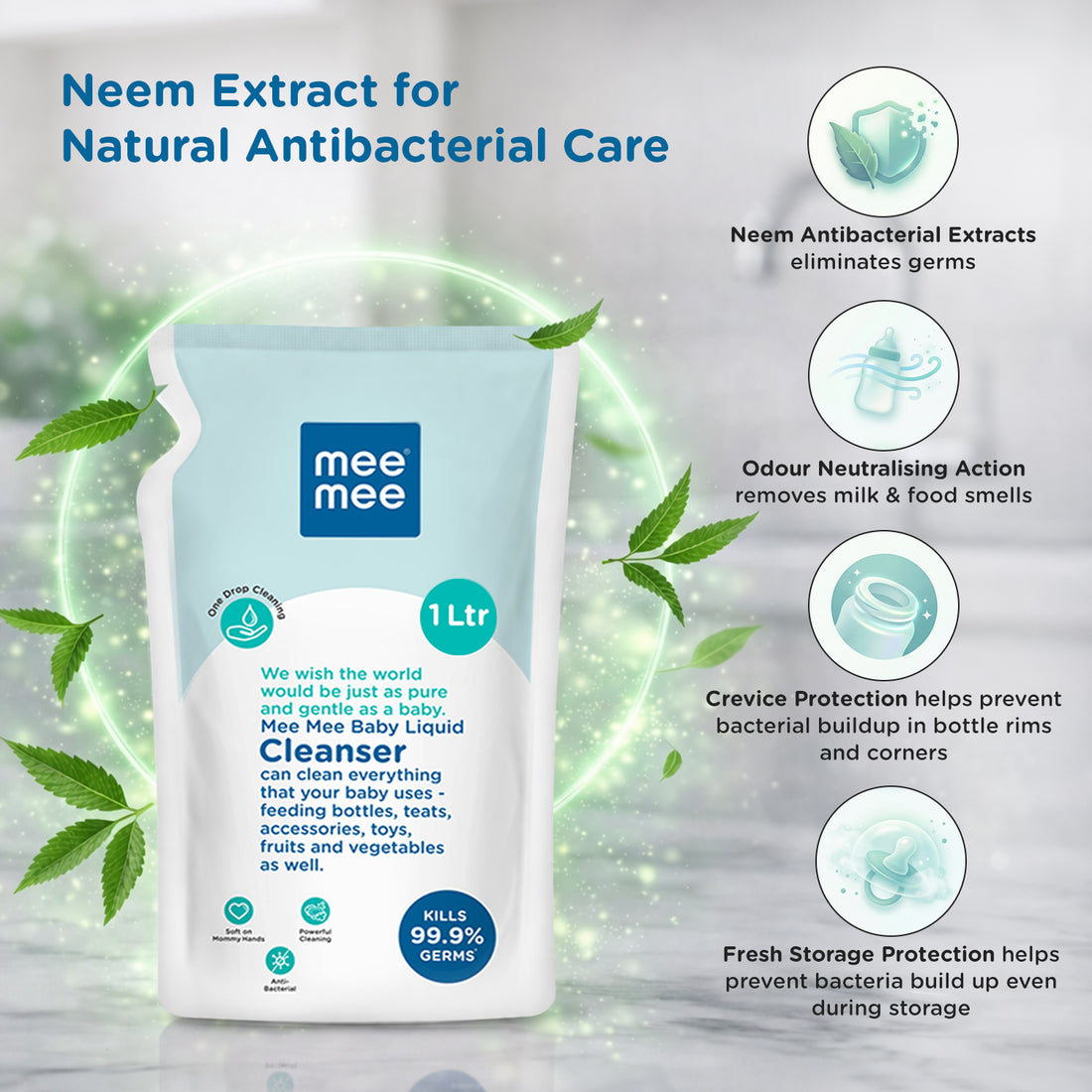 Mee Mee Baby Liquid Cleanser 1 L, Anti-Bacterial Kills 99.9% Germs | for Feeding Bottles, Nipples, Accessories, Toys, Fruits & Vegetables | No Alcohol, One Drop Cleaning, Dermatologically Tested