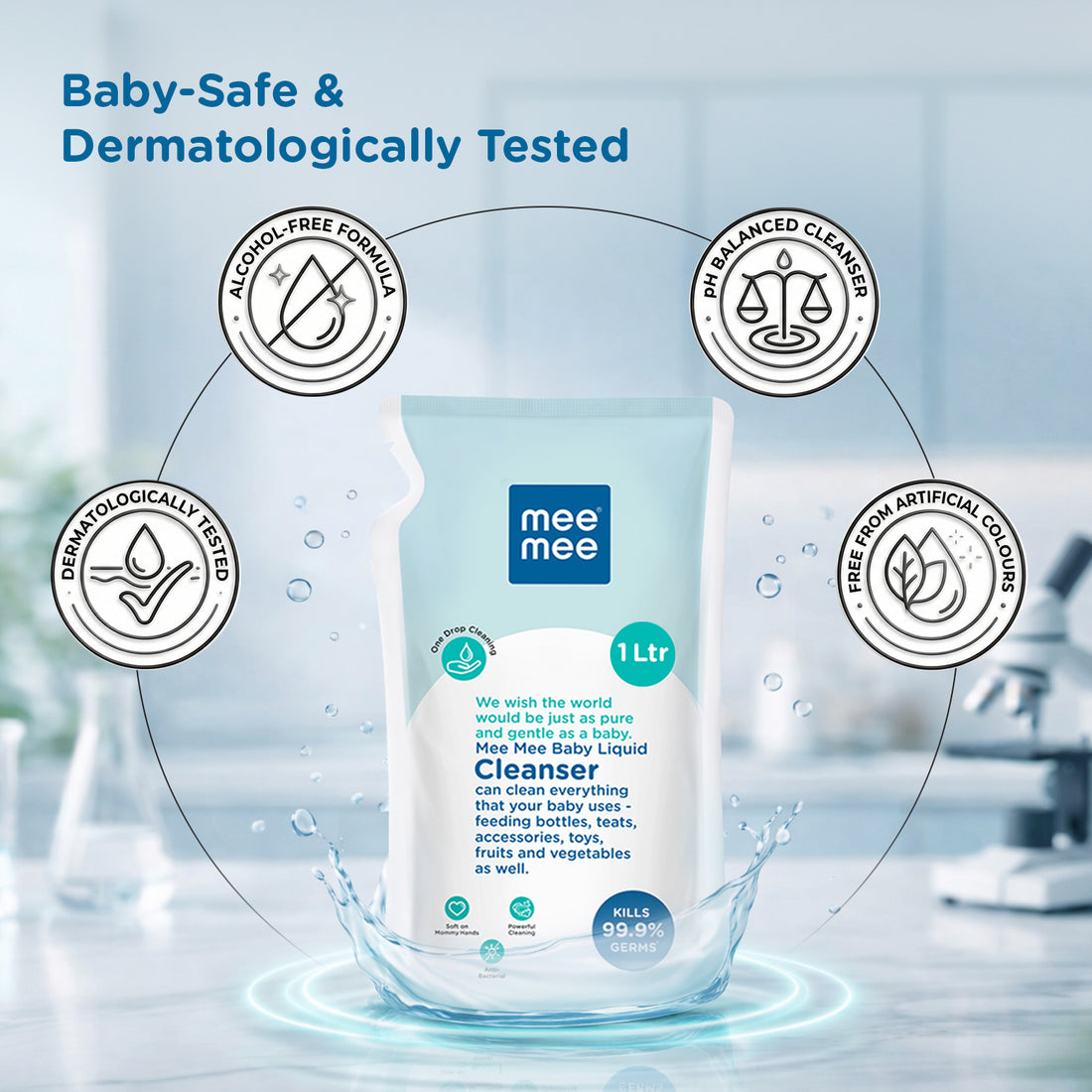 Mee Mee Baby Liquid Cleanser 1 L, Anti-Bacterial Kills 99.9% Germs | for Feeding Bottles, Nipples, Accessories, Toys, Fruits & Vegetables | No Alcohol, One Drop Cleaning, Dermatologically Tested