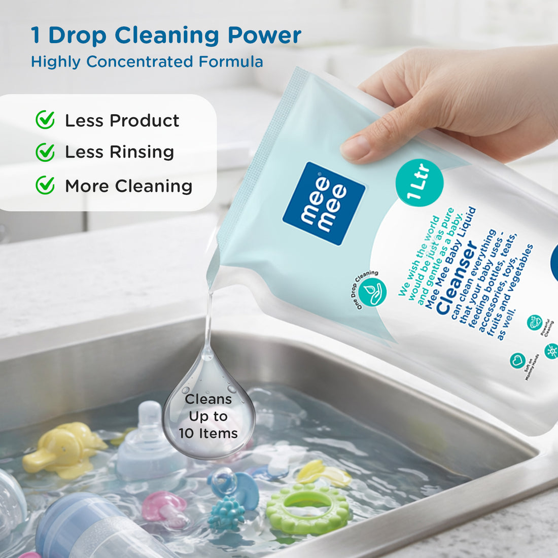 Mee Mee Baby Liquid Cleanser 1 L, Anti-Bacterial Kills 99.9% Germs | for Feeding Bottles, Nipples, Accessories, Toys, Fruits & Vegetables | No Alcohol, One Drop Cleaning, Dermatologically Tested