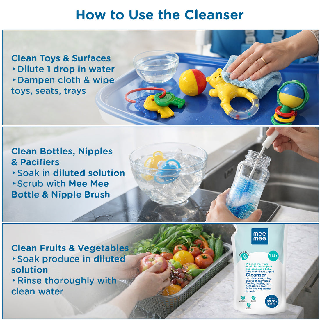 Mee Mee Baby Liquid Cleanser 1 L, Anti-Bacterial Kills 99.9% Germs | for Feeding Bottles, Nipples, Accessories, Toys, Fruits & Vegetables | No Alcohol, One Drop Cleaning, Dermatologically Tested