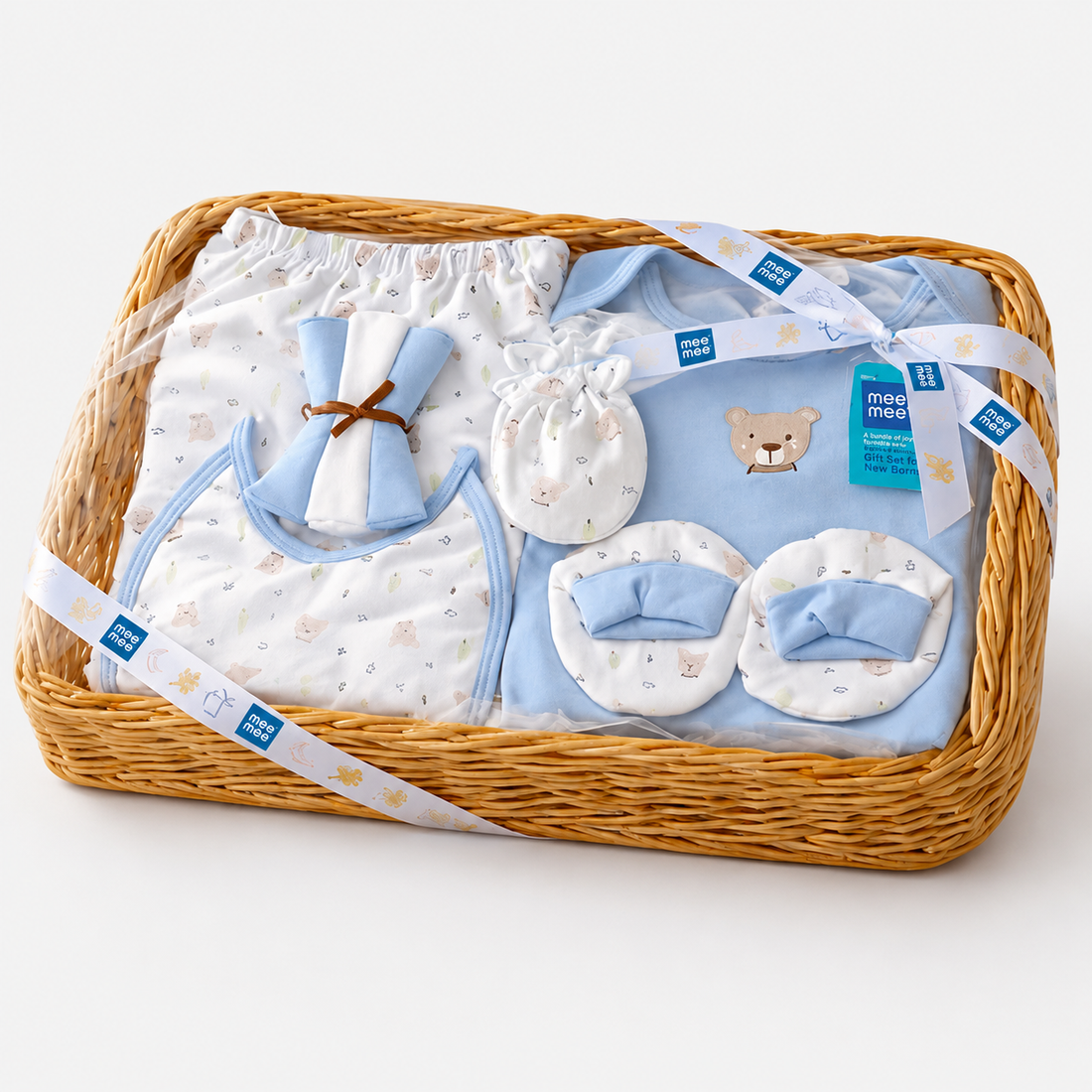 Mee Mee New Born Basket Baby Gift Set | Soft Cotton Clothing Essentials for Infants/Baby Girls, Boys | Baby Shower Clothing Hamper | 8 Pieces