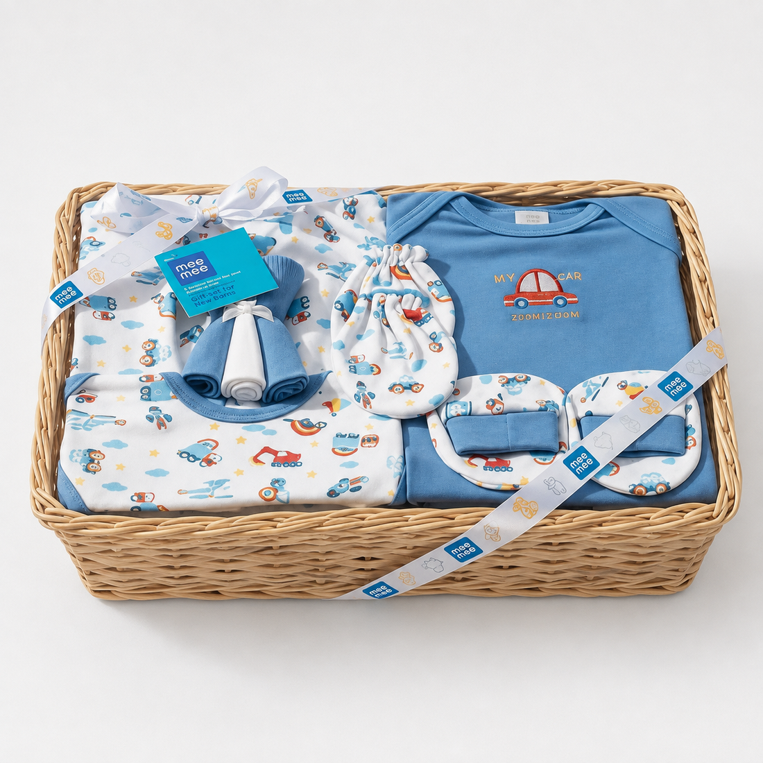 Mee Mee New Born Basket Baby Gift Set | Soft Cotton Clothing Essentials for Infants/Baby Girls, Boys | Baby Shower Clothing Hamper | 8 Pieces