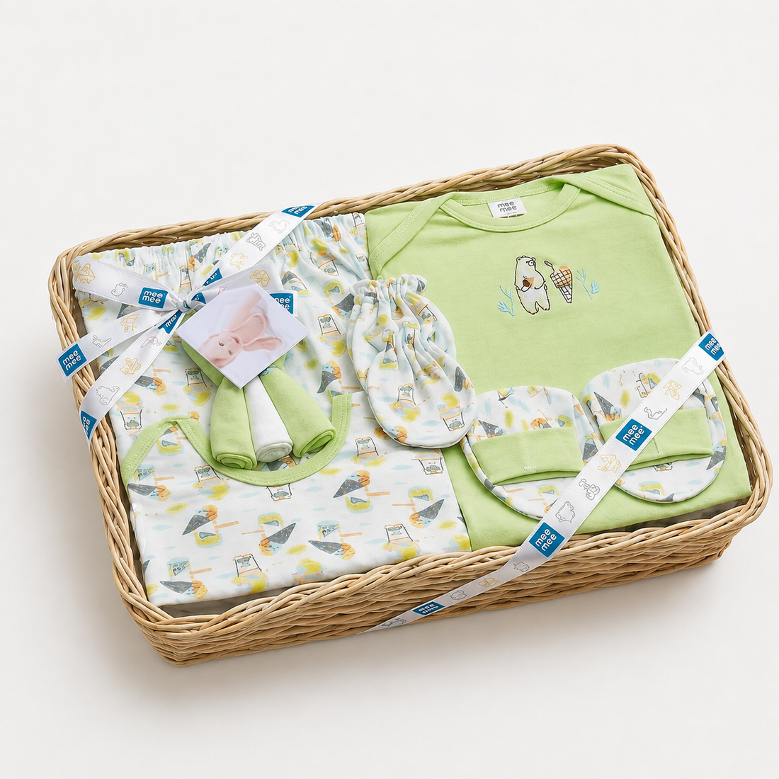 Mee Mee New Born Basket Baby Gift Set | Soft Cotton Clothing Essentials for Infants/Baby Girls, Boys | Baby Shower Clothing Hamper | 8 Pieces