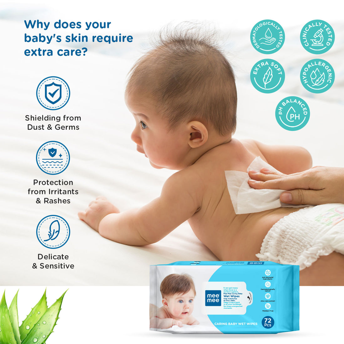 Mee Mee Soft Gentle Baby Wet Wipes (72 Wipes) Pack of 1 | Infused with Aloe Vera and Vitamin E | Paraben & Sulfate Free | Cleansing Wipes | Wipes for Babies