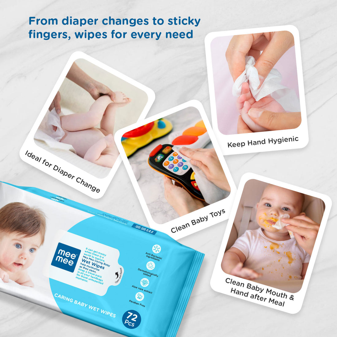 Mee Mee Soft Gentle Baby Wet Wipes (72 Wipes) Pack of 1 | Infused with Aloe Vera and Vitamin E | Paraben & Sulfate Free | Cleansing Wipes | Wipes for Babies