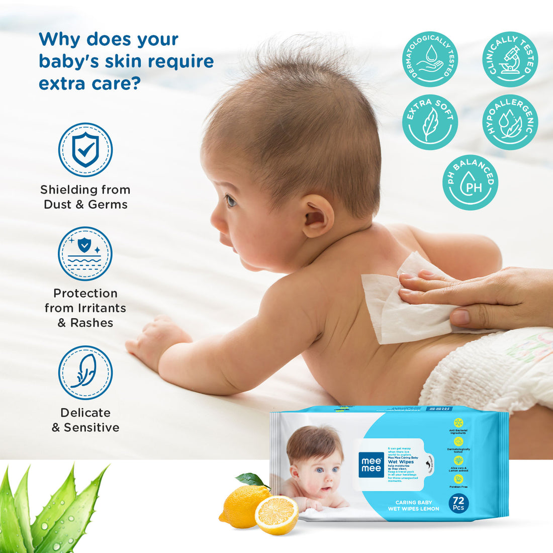 Mee Mee Wet Wipes for Baby Skin with lemon & Aloe Vera | 72 Wipes x Pack of 3-216 Wipes | Paraben Free, Fragrance Free, pH Balanced, Dermatologically Safe, Baby Wipes Combo