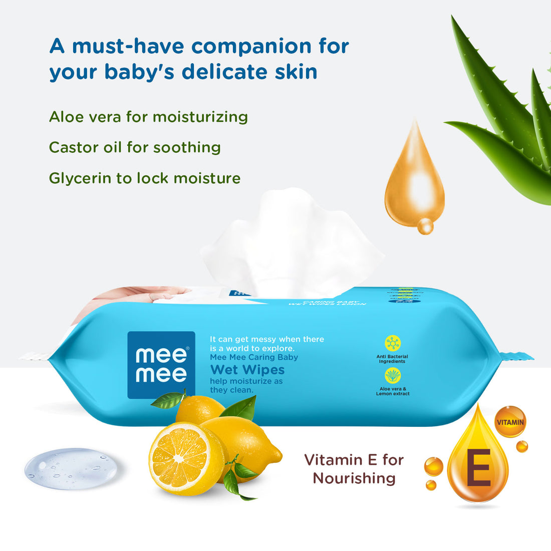 Mee Mee Wet Wipes for Baby Skin with lemon & Aloe Vera | 72 Wipes x Pack of 3-216 Wipes | Paraben Free, Fragrance Free, pH Balanced, Dermatologically Safe, Baby Wipes Combo