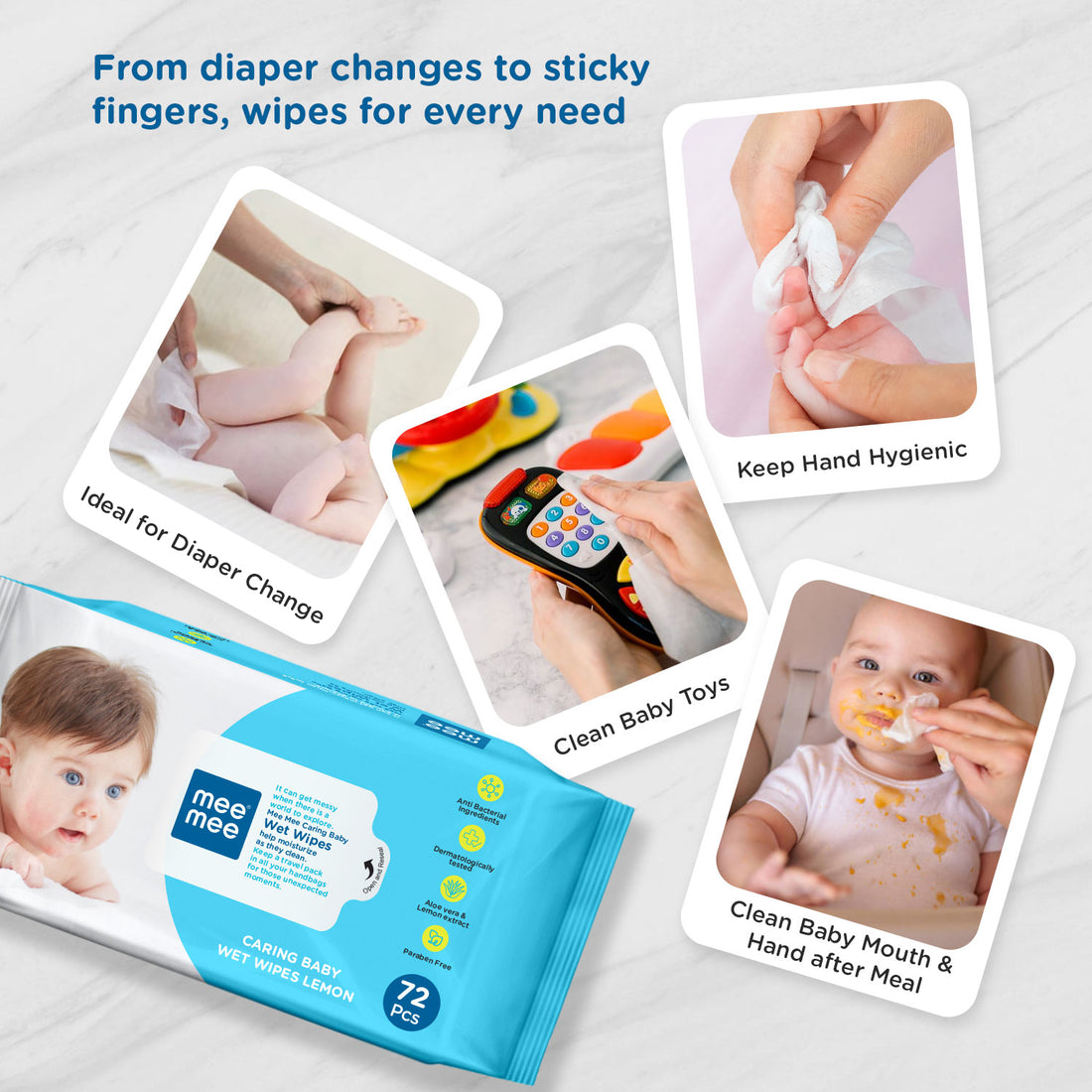 Mee Mee Wet Wipes for Baby Skin with lemon & Aloe Vera | 72 Wipes x Pack of 3-216 Wipes | Paraben Free, Fragrance Free, pH Balanced, Dermatologically Safe, Baby Wipes Combo