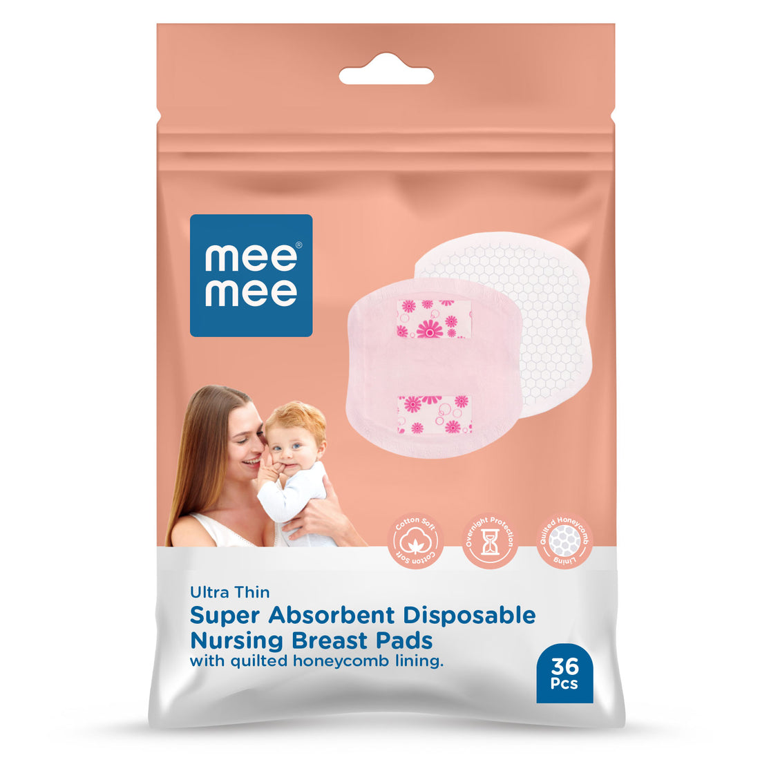 Mee Mee Disposable Nursing & Maternity Breast Pads 36 Pcs | Ultra Thin Honeycomb Pads with Leak Guard | Super Absorbent Soft Cotton | Compact, Leakproof, Skin-Friendly, Breastfeeding Pads for New Moms