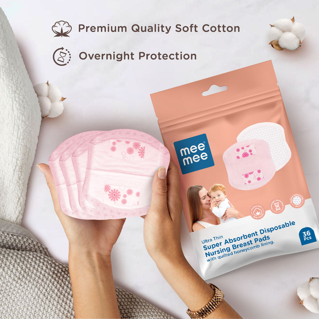 Mee Mee Disposable Nursing & Maternity Breast Pads 36 Pcs | Ultra Thin Honeycomb Pads with Leak Guard | Super Absorbent Soft Cotton | Compact, Leakproof, Skin-Friendly, Breastfeeding Pads for New Moms