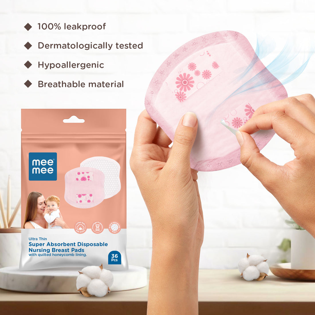 Mee Mee Disposable Nursing & Maternity Breast Pads 36 Pcs | Ultra Thin Honeycomb Pads with Leak Guard | Super Absorbent Soft Cotton | Compact, Leakproof, Skin-Friendly, Breastfeeding Pads for New Moms