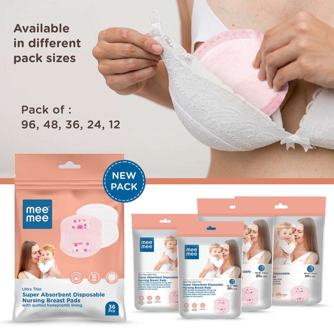 Mee Mee Disposable Nursing & Maternity Breast Pads 36 Pcs | Ultra Thin Honeycomb Pads with Leak Guard | Super Absorbent Soft Cotton | Compact, Leakproof, Skin-Friendly, Breastfeeding Pads for New Moms