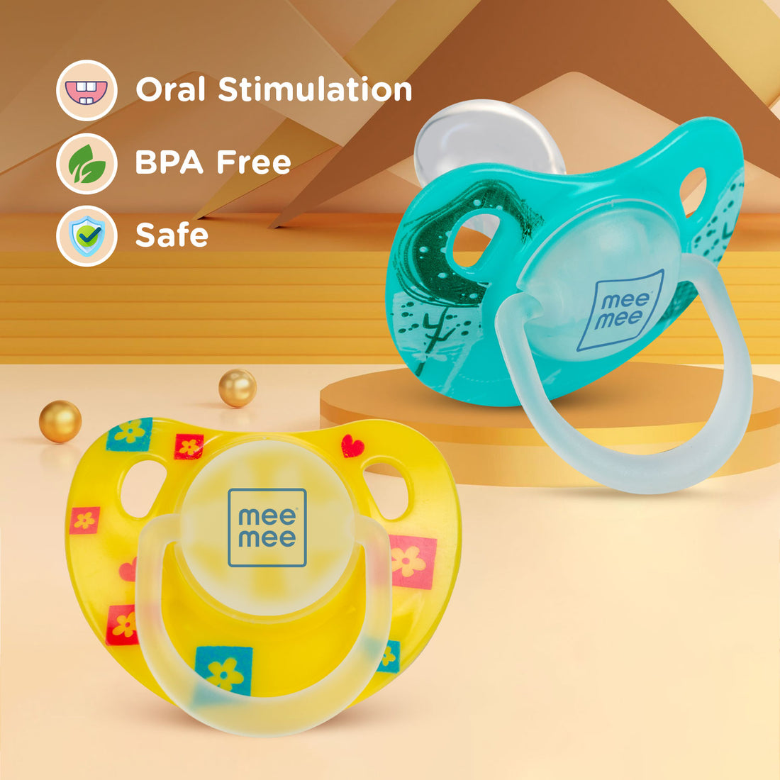 Mee Mee Baby Silicone Pacifier | Orthodontic Nipple for Oral Stimulation | Unique Shape to Support Psychological Breathing | Soother for Babies | Easy to Clean | 0-18 Months (Yellow/Green)