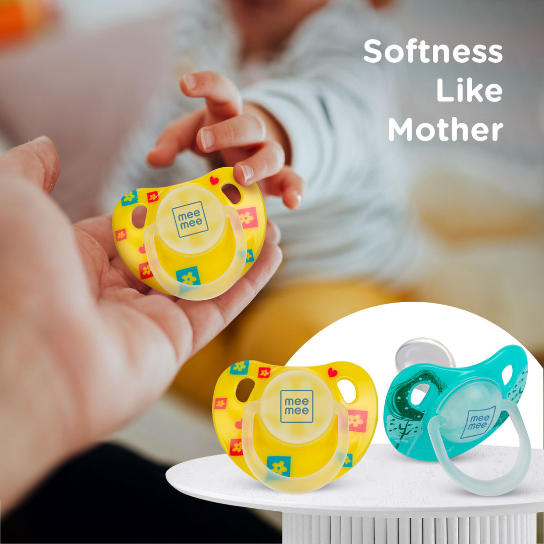 Mee Mee Baby Silicone Pacifier | Orthodontic Nipple for Oral Stimulation | Unique Shape to Support Psychological Breathing | Soother for Babies | Easy to Clean | 0-18 Months (Yellow/Green)