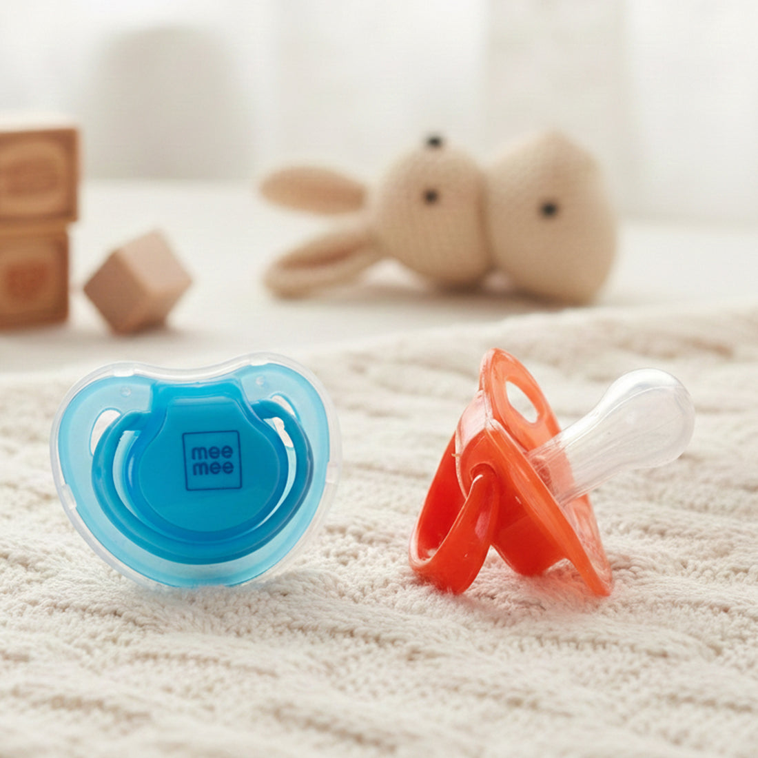 Mee Mee Ultra Light Silicone Baby Pacifier & Teether, BPA-Free, Soft Nipple Design, Oral Soothing, Pack of 2, 0–6 Months, Blue/Red