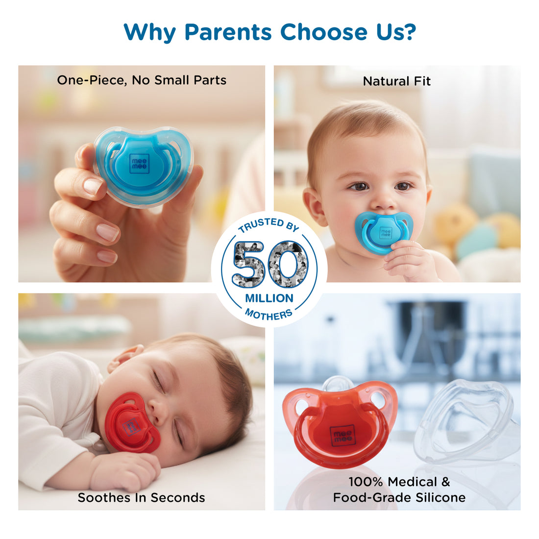 Mee Mee Ultra Light Silicone Baby Pacifier & Teether, BPA-Free, Soft Nipple Design, Oral Soothing, Pack of 2, 0–6 Months, Blue/Red