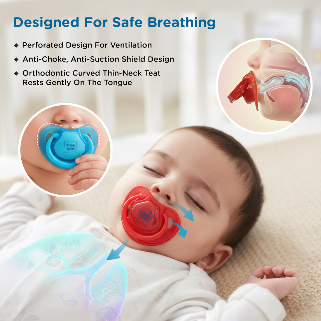 Mee Mee Ultra Light Silicone Baby Pacifier & Teether, BPA-Free, Soft Nipple Design, Oral Soothing, Pack of 2, 0–6 Months, Blue/Red