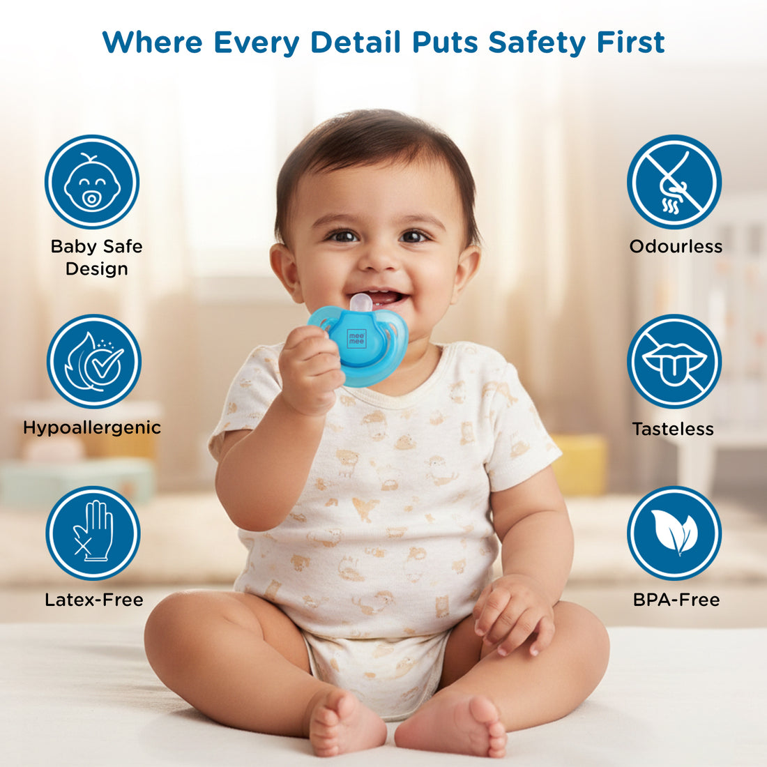 Mee Mee Ultra Light Silicone Baby Pacifier & Teether, BPA-Free, Soft Nipple Design, Oral Soothing, Pack of 2, 0–6 Months, Blue/Red