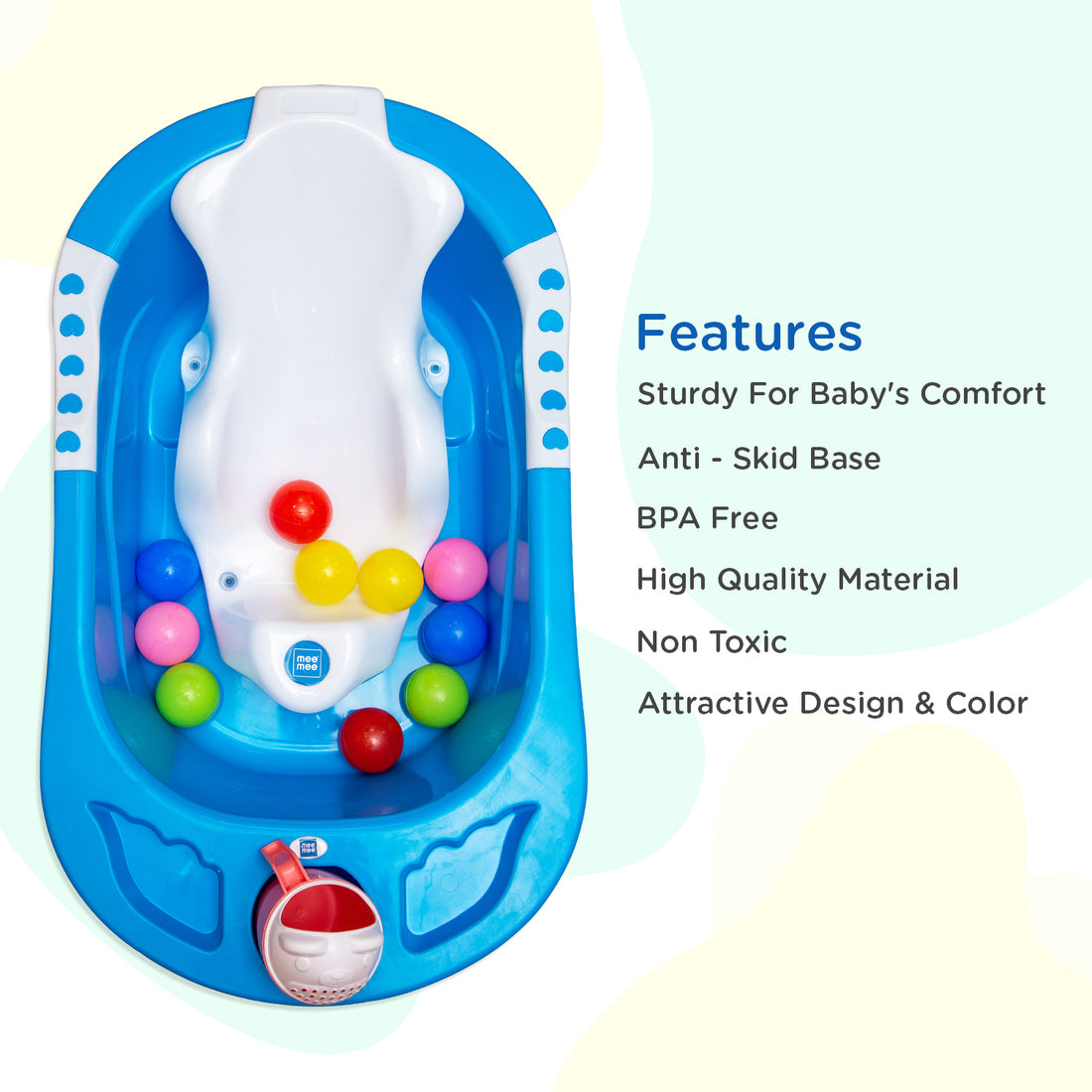 Mee Mee Baby Bath Tub| Safe & Space-Saving Bathtub for Babies 0-2 Years | Anti-Slip Plastic Bath Chair with Floating Balls & Mug | Stable Non-Suction Base with Drain Plug for Easy Cleaning