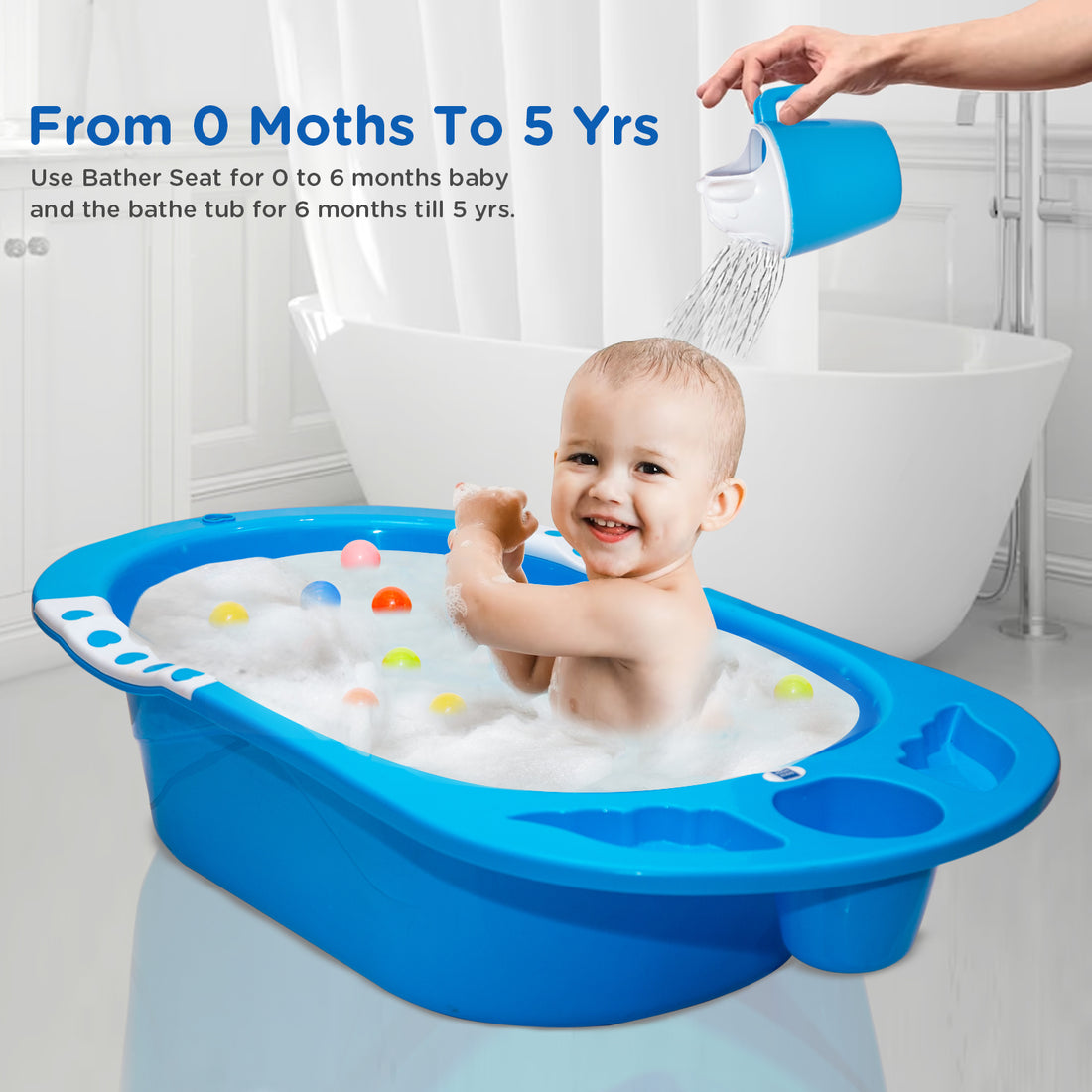 Mee Mee Baby Bath Tub| Safe & Space-Saving Bathtub for Babies 0-2 Years | Anti-Slip Plastic Bath Chair with Floating Balls & Mug | Stable Non-Suction Base with Drain Plug for Easy Cleaning