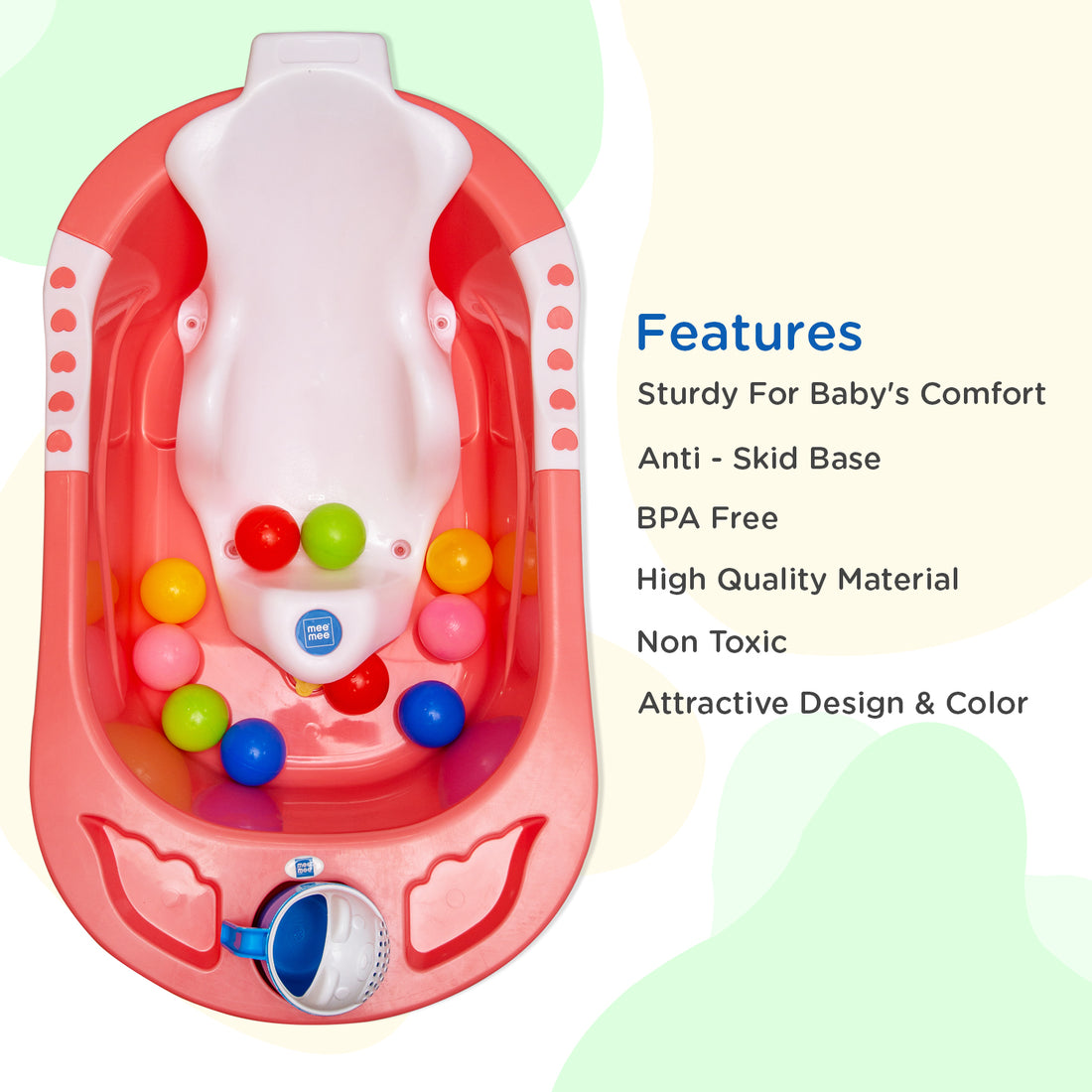 Mee Mee Baby Bath Tub| Safe & Space-Saving Bathtub for Babies 0-2 Years | Anti-Slip Plastic Bath Chair with Floating Balls & Mug | Stable Non-Suction Base with Drain Plug for Easy Cleaning