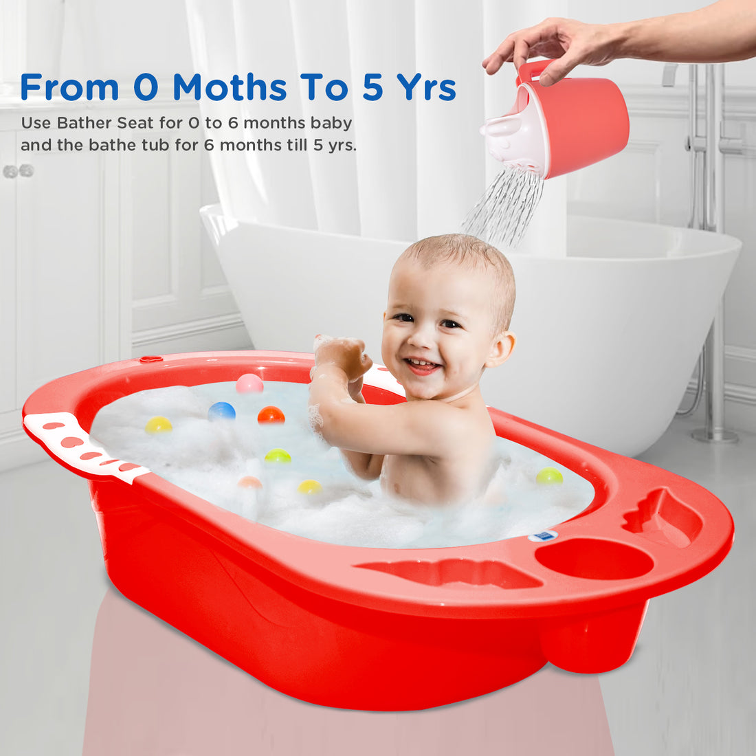 Mee Mee Baby Bath Tub| Safe & Space-Saving Bathtub for Babies 0-2 Years | Anti-Slip Plastic Bath Chair with Floating Balls & Mug | Stable Non-Suction Base with Drain Plug for Easy Cleaning