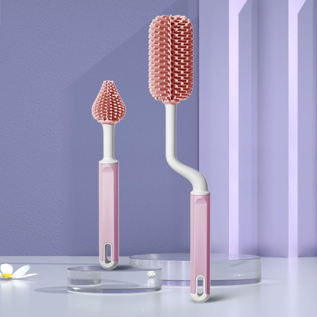 Mee Mee 360° Silicone Bristle Cleaning Brush Set | Included Components: Bottle Brush, Nipple Cleaner | BPA-Free Ergonomic Handle for Narrow & Wide Neck Bottles | Pink