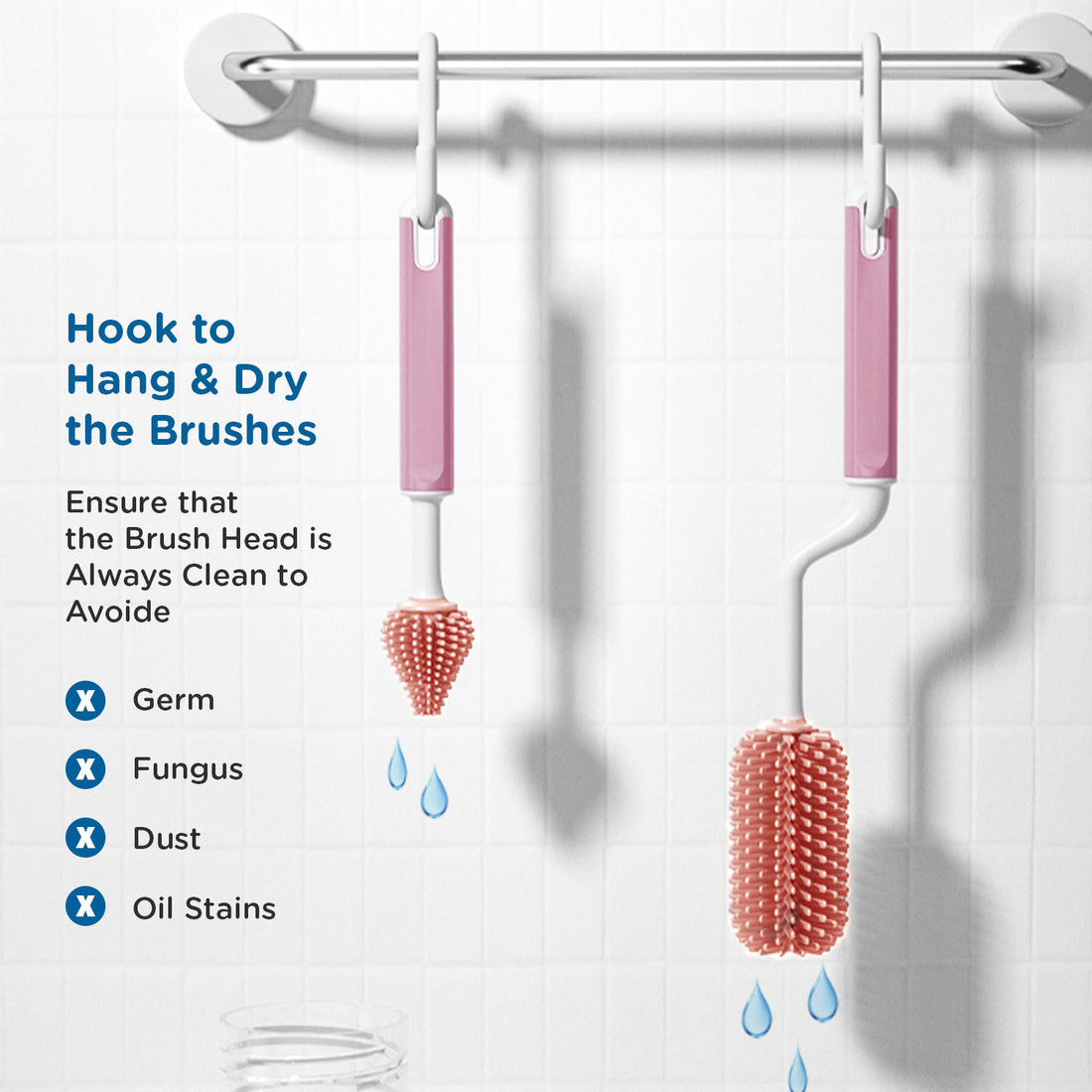 Mee Mee 360° Silicone Bristle Cleaning Brush Set | Included Components: Bottle Brush, Nipple Cleaner | BPA-Free Ergonomic Handle for Narrow & Wide Neck Bottles | Pink